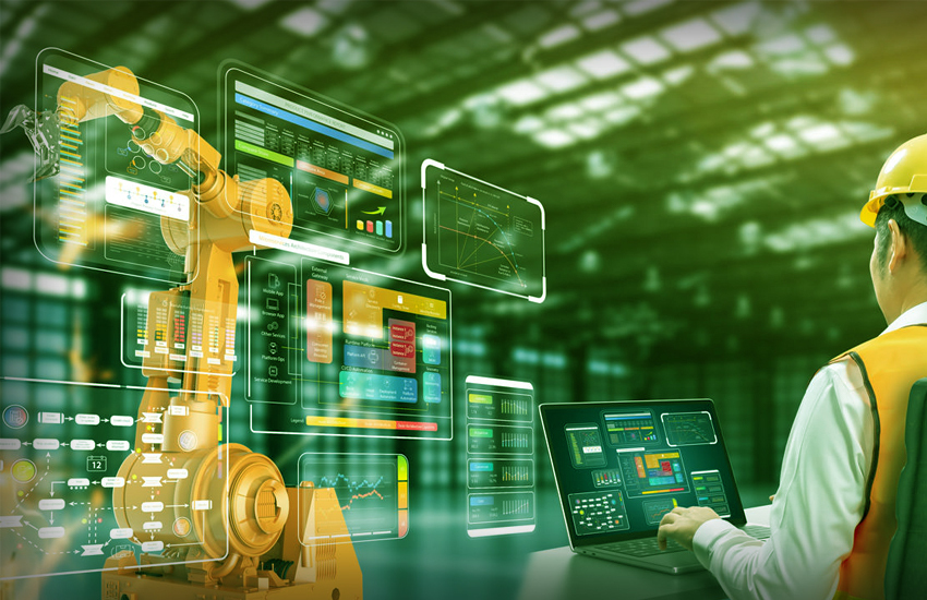 Smart factory interface showing machine performance and AI insights