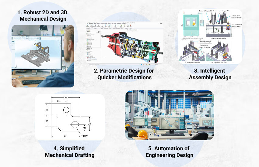 Important BricsCAD Mechanical features including 2D and 3D design, parametric modeling, assembly design, and automation