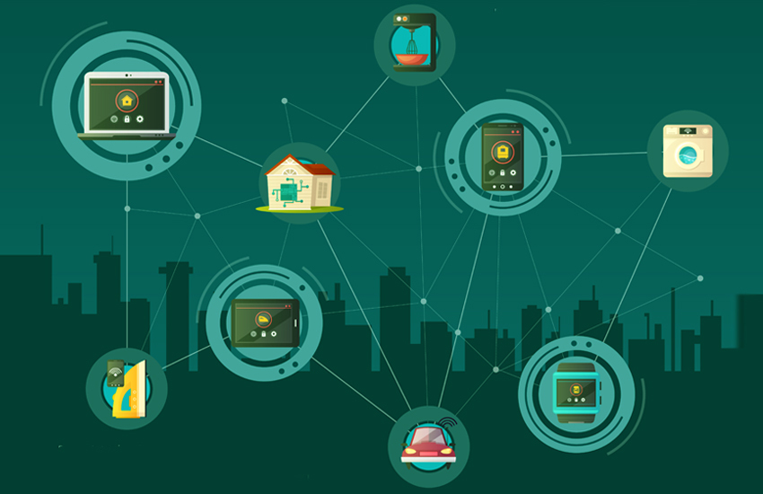 Network of smart devices—home appliances, tablet, car—over cityscape background, representing Industrial IoT integration in Pune