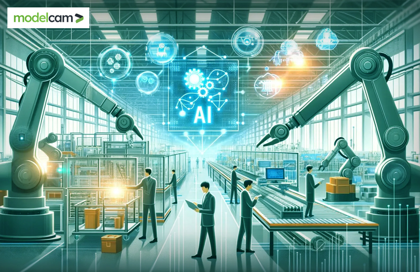 AI in manufacturing overview graphic showing future trends, benefits, challenges and best practices for smart industrial adoption.