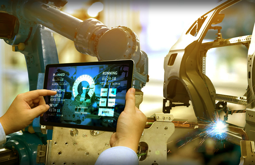 Modern manufacturing process with PLM tools dashboard, data flow and integration