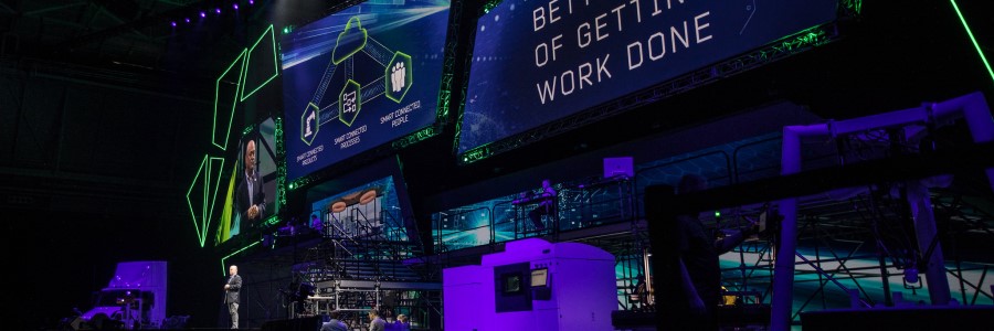 Jim Heppelmann, PTC CEO, puts on a grand stage spectacle for the LiveWorx 2019 keynote address.